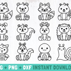 Waldtiere Umriss Bundle, Fuchs, Hase, Bär, Stinktier, Hirsch, Eichhörnchen, Waschbär, Biber, Eule, Schildkröte, Schnecke, Igel, süßes svg