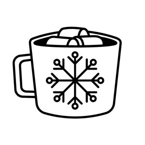 May include: A black and white line drawing of a mug with a snowflake design and marshmallows inside.