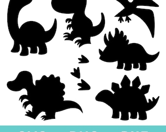 May include: Black dinosaur silhouettes on a white background. The image includes a long-necked dinosaur, a T-Rex, a Pterodactyl, a Triceratops, a Stegosaurus, and dinosaur footprints. The bottom of the image has the text "SVG + PNG + DXF".