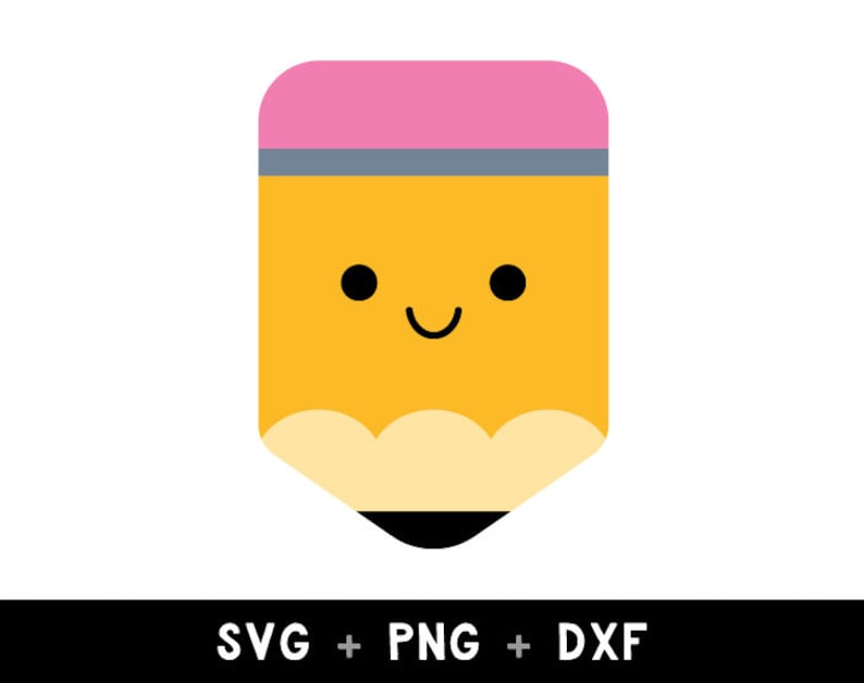 May include: A yellow pencil with a pink eraser and a happy face. The pencil is a simple cartoon illustration.