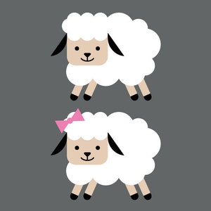 May include: Two cartoon sheep, one with a pink bow, on a gray background. The sheep are white with black eyes and noses, and brown hooves.