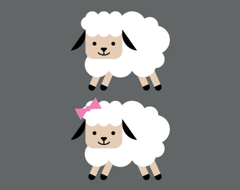May include: Two cartoon sheep, one with a pink bow, on a gray background. The sheep are white with black eyes and noses, and brown hooves.