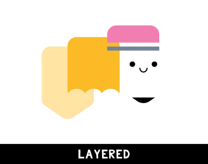 May include: A layered illustration of a yellow, pink, and white object with a smiling face. The object is labeled "LAYERED".