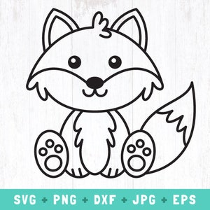 mignon renard svg, renard contour svg, renard png, fichier de coupe de renard assis, animaux svg des bois, pépinière d’anniversaire de renard, douche de bébé, mignon bébé renard svg dxf