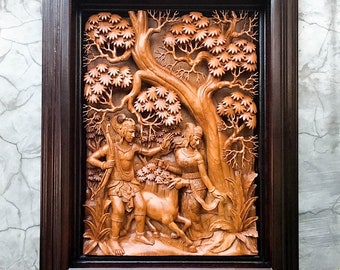 Hand Carved Teakwood Ramayana Wall Art – Hindu Pooja Decor
