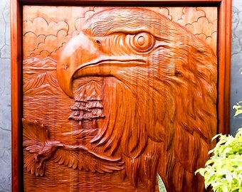 Large Hand Carved Solid Teakwood American Eagle Wall Art - Bald Eagle & Flag Sculpture - Patriotic Home Decor - Handcrafted Wooden Gift