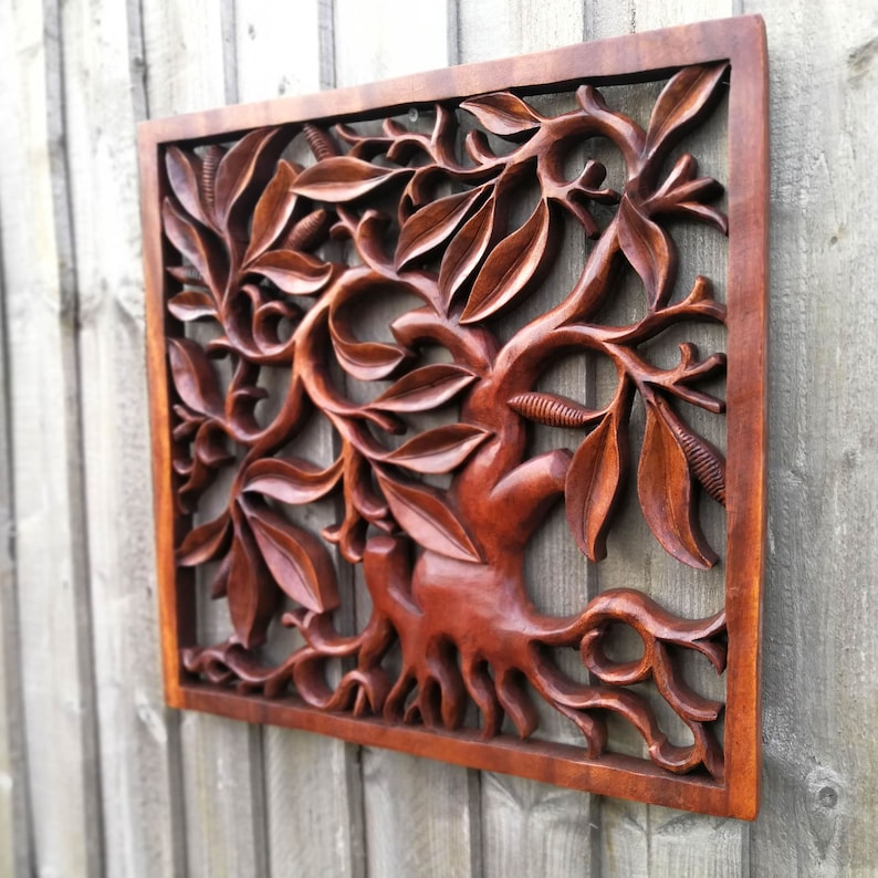 Teak Carved Wooden Wall Art Sculpture Decoration Square Panel Etsy