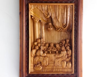 Leonardo Da Vinci Jesus Last Supper -  Hand Carved Teakwood Religious Vatican Christian Wall Art Sculpture Unique Timeless Rare Unique Gift