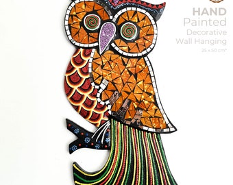 Hand Painted Cut Glass Wooden Wall Art - Unique Decorative Owl Perfect Gift