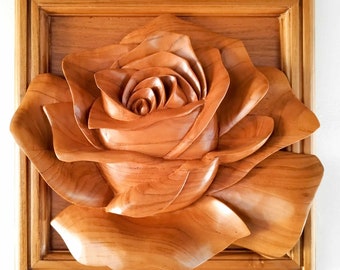 Love Rose Flower Hand Carved Wooden Wall Art Sculpture Decoration - Perfect Gift Christmas Wedding