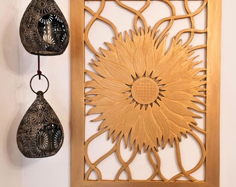 Carved Wooden Wall Art - Decorative Mandala Yoga Distressed Eco Panel Headboard Sculpture Sunflower Gold 51 x 71 cm*