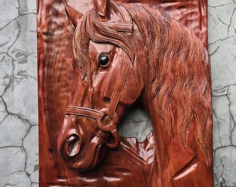 Hand Carved Teakwood Horse Riding Wall Art Sculpture – Equestrian Racing Decor