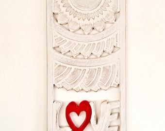 Bohemian Carved Wooden Wall Art LOVE - Room Decorative Distressed Mandala Headboard Calligraphy Sculpture - A Perfect Valentine Gift