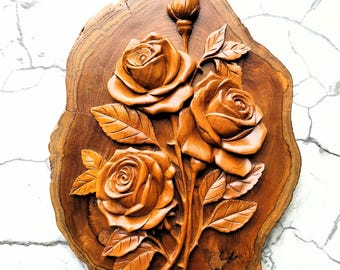 Hand Carved Teakwood Roses Wall Art - Unique Live Edge Wood Sculpture - 40cm Solid Wood Flower Bouquet - 5th Anniversary Gift - Floral Decor