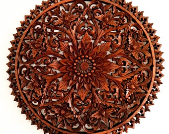 Hand Carved Teakwood Large Round Mandala Decorative Wall Art Room Decor | Unique Gift Headboard | Bohemian Hanging