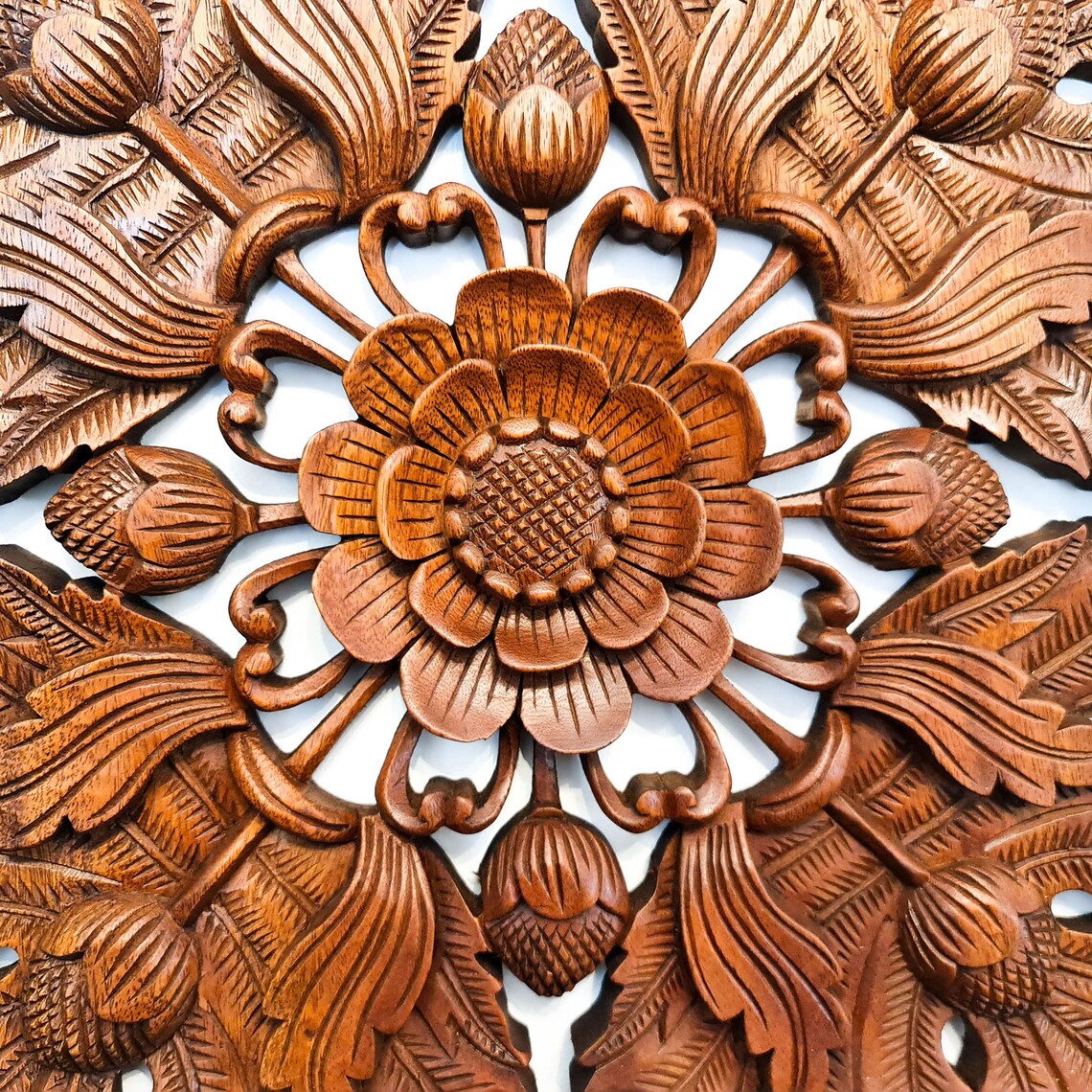 Lotus Flower Bloom Hand Carved Wooden Wall Art Sculpture Etsy