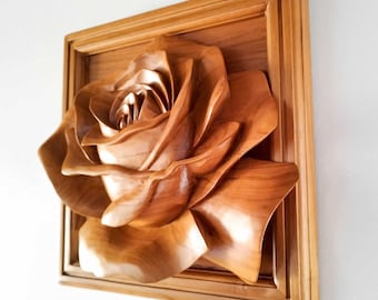Love Rose Flower Hand Carved Wooden Wall Art Sculpture Decoration - Perfect Gift Christmas Wedding