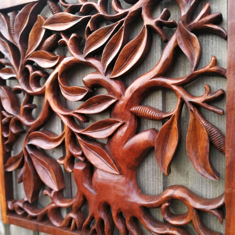 Teak Carved Wooden Wall Art Sculpture Decoration Square Panel Etsy