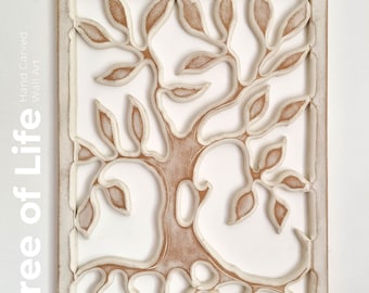 Hand Carved Tree of Life Wooden Sculpture Wall Art Hanging - Distressed Rustic White Shabby Chic Bohemian Boho Style Unique Gift