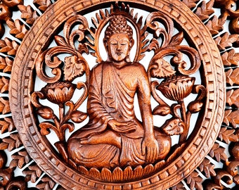 Hand-Carved Wooden Wall Art Sculpture Decoration - Sitting Buddha Peace Room Decor Wall Hanging Unique Gift | Free Delivery