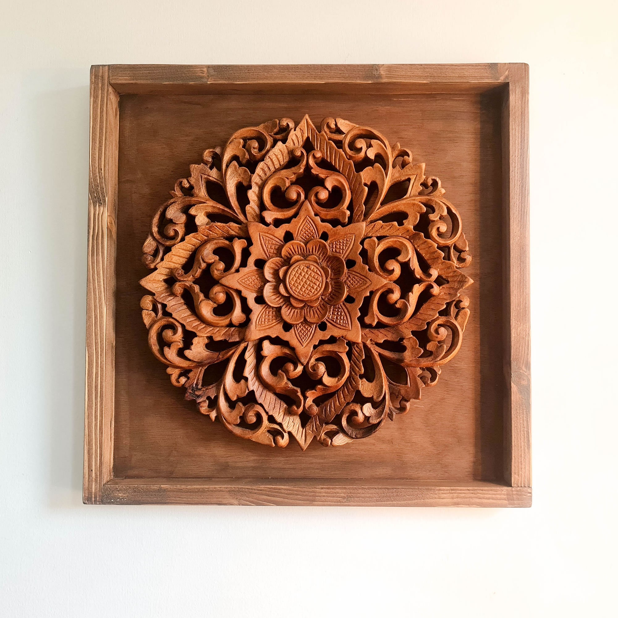Hand Carved Wooden Mandala Lotus Art Sculpture Wall Etsy
