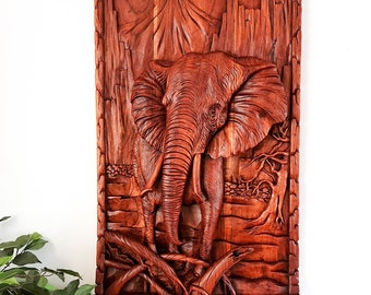 Hand Carved Teakwood Elephant Wall Art Sculpture - African Safari Decor