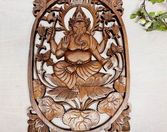 Ganesh Hindu Indian God Wood Carved Panel Mandir Temple Art Ganpati Pooja prayer