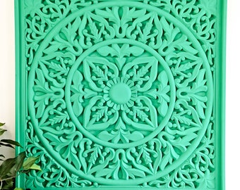 Large Carved Wooden Wall Art - Framed Mandala Aqua Turquoise Blue Bohemian Boho Headboard Room Decoration Hanging