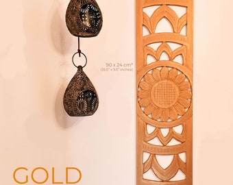 Golden Mandala Hand Carved Wooden Wall Art Decoration - A Perfect Headboard Long Sculpture