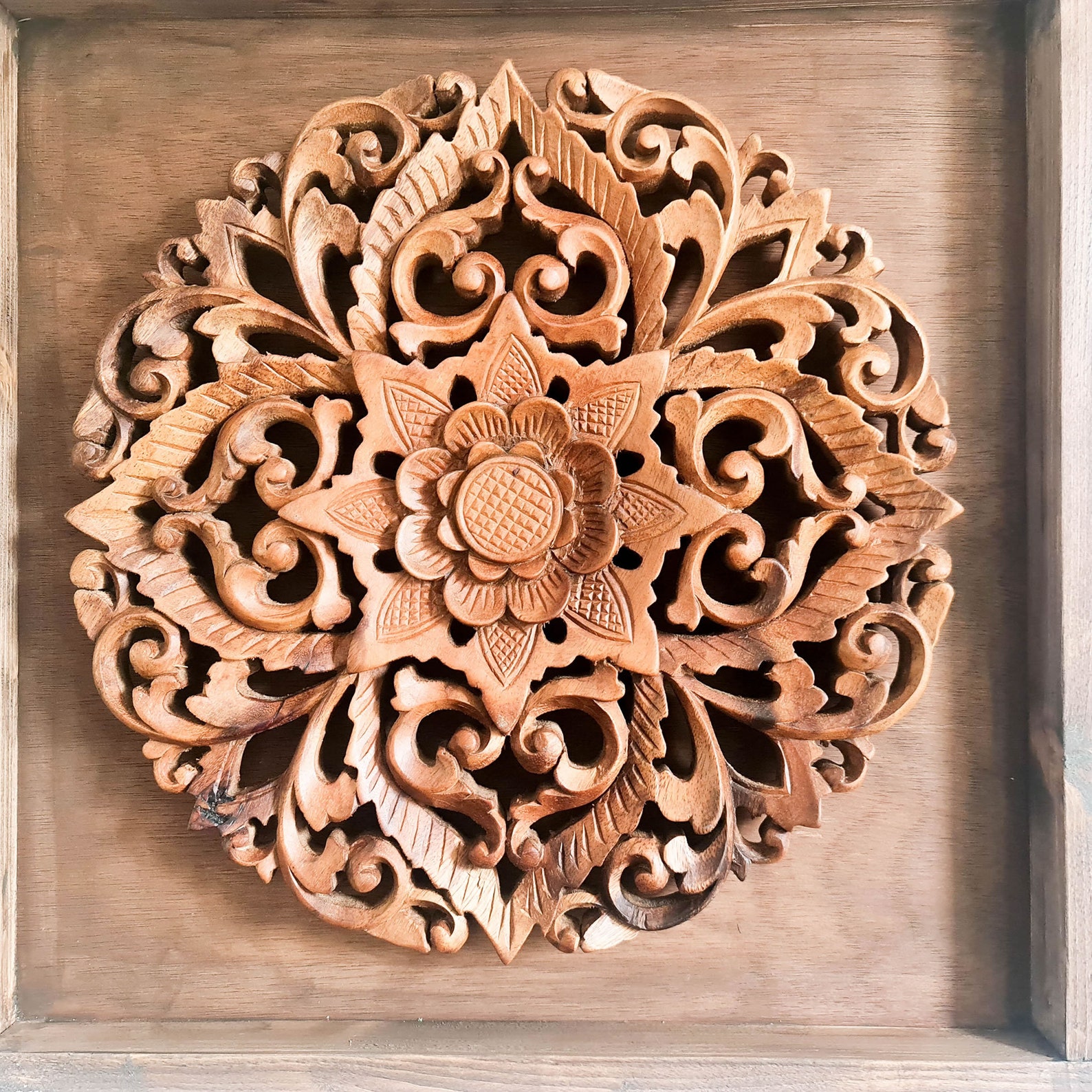 Hand Carved Wooden Mandala Lotus Art Sculpture Wall Etsy