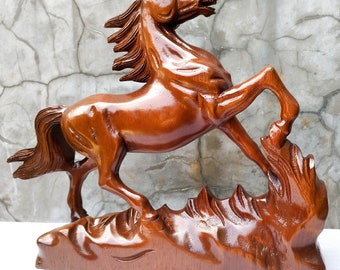 Wild Horse - Hand Carved Teak Wood Large Decorative Sculpture | Horse Racing Riding Unique Gift