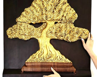 Large Teakwood Golden Tree of Life Unique Rare Wall Art Decor Sculpture