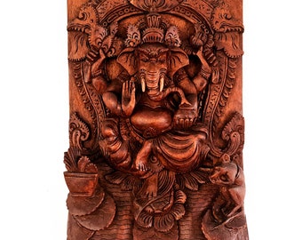 Hand Carved Wood Art Sculpture Divine Ganesha Ganesh Hindu Elephant God Mandir Temple Wall Decoration Yoga Om
