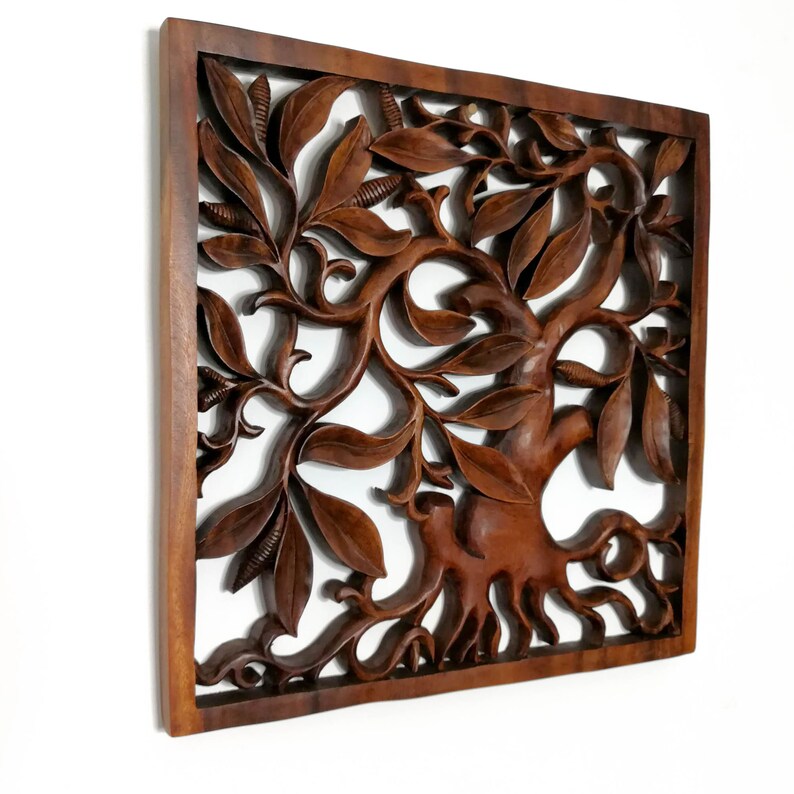 Teak Carved Wooden Wall Art Sculpture Decoration Square Panel Etsy