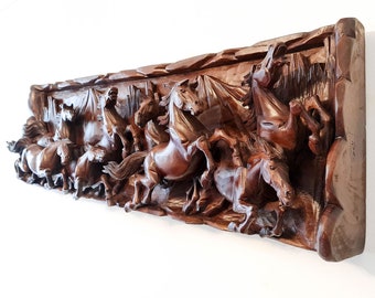 Hand Carved Teak Wood Horses Sculpture - Large Wall Art Headboard