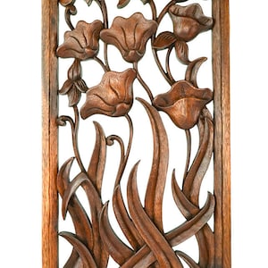 Hand Carved Wood Sculpture Wall Decoration Art Panel Flower Buds 30x 60cm