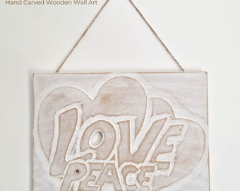 Carved Wooden Wall Art - Mediterranean Style Distressed White Decorative Love Peace