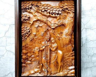 Radha Krishna Hindu God Goddess Hand-carved Teakwood Large Sculpture Decorative Wall Art Temple Mandir Pooja Prayer