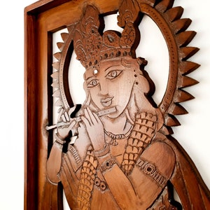 Krishna Hindu God Goddess Wood Sculpture Wall Art Temple Mandir Pooja Prayer