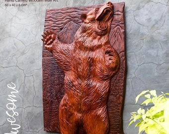 Hand Carved Large Wooden Grizly Bear Wild Sculpture Wall Art Home Decoration Teakwood