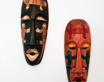 Hawaiian Tiki African Mask Wall Hanging - Hand Carved painted wooden Tropical Aboriginal decoration