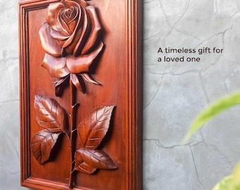Hand Carved Teak Wood Rose – Wall Art Sculpture, Valentine Gift