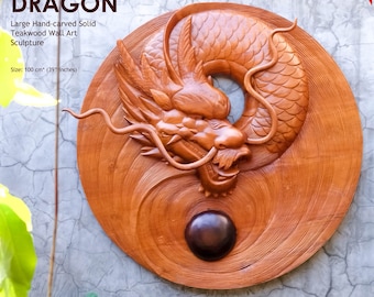 Hand Carved Teak Wood Sculpture Wall Decoration Art | Chinese Dragon Extra Large