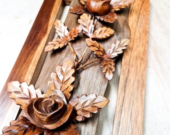 Hand Carved Teak & Driftwood Roses – Long Wooden Wall Art