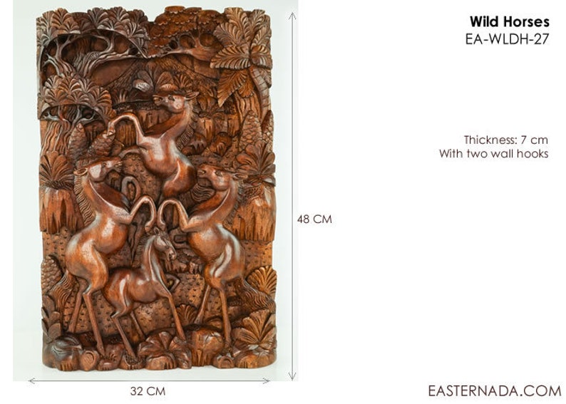 May include: A wooden wall sculpture depicting wild horses running through a forest. The sculpture is 32 cm wide and 48 cm tall. It is 7 cm thick and includes two wall hooks.