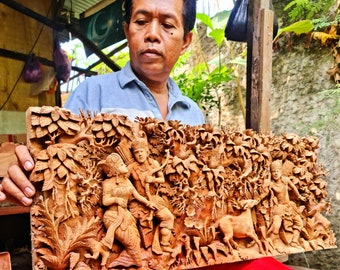 Hand-Carved Teakwood Ramayana Wall Art – Hindu Pooja Decor, Large Headboard