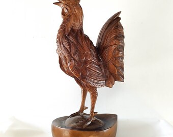 Hand-Carved Teak Wood Rooster Sculpture – Large Walnut Brown Figurine
