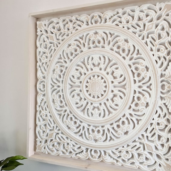 Carved Wooden Wall Art Framed Mandala Large Distressed White