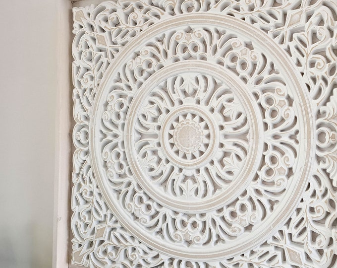 Carved Wooden Wall Art Framed Mandala Large Distressed White Decorative