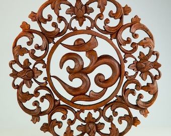 Teak Carved Wooden Wall Art Sculpture Decoration Panel - Om Mantra Yoga - #easternadawoodart